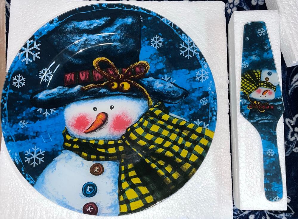 Vintage Snowman Christmas Holiday Glass Platter and Server set